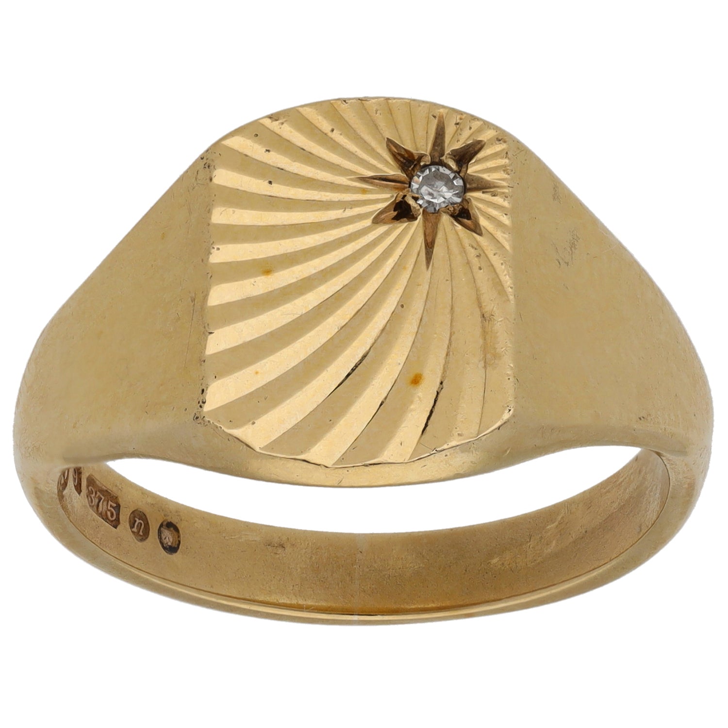 9ct Gold 0.02ct Diamond Patterned Signet Ring Size V