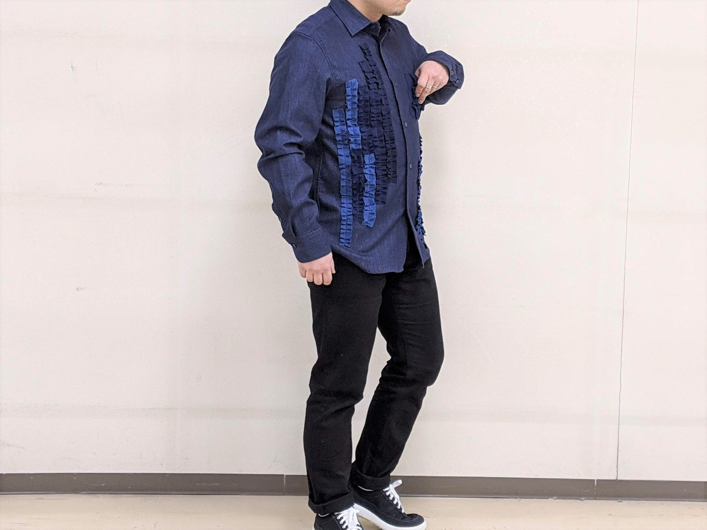 <OSOCU>備後節織 パッチワークデザイン レギュラーカラー フリルシャツ 「飾」 日本製