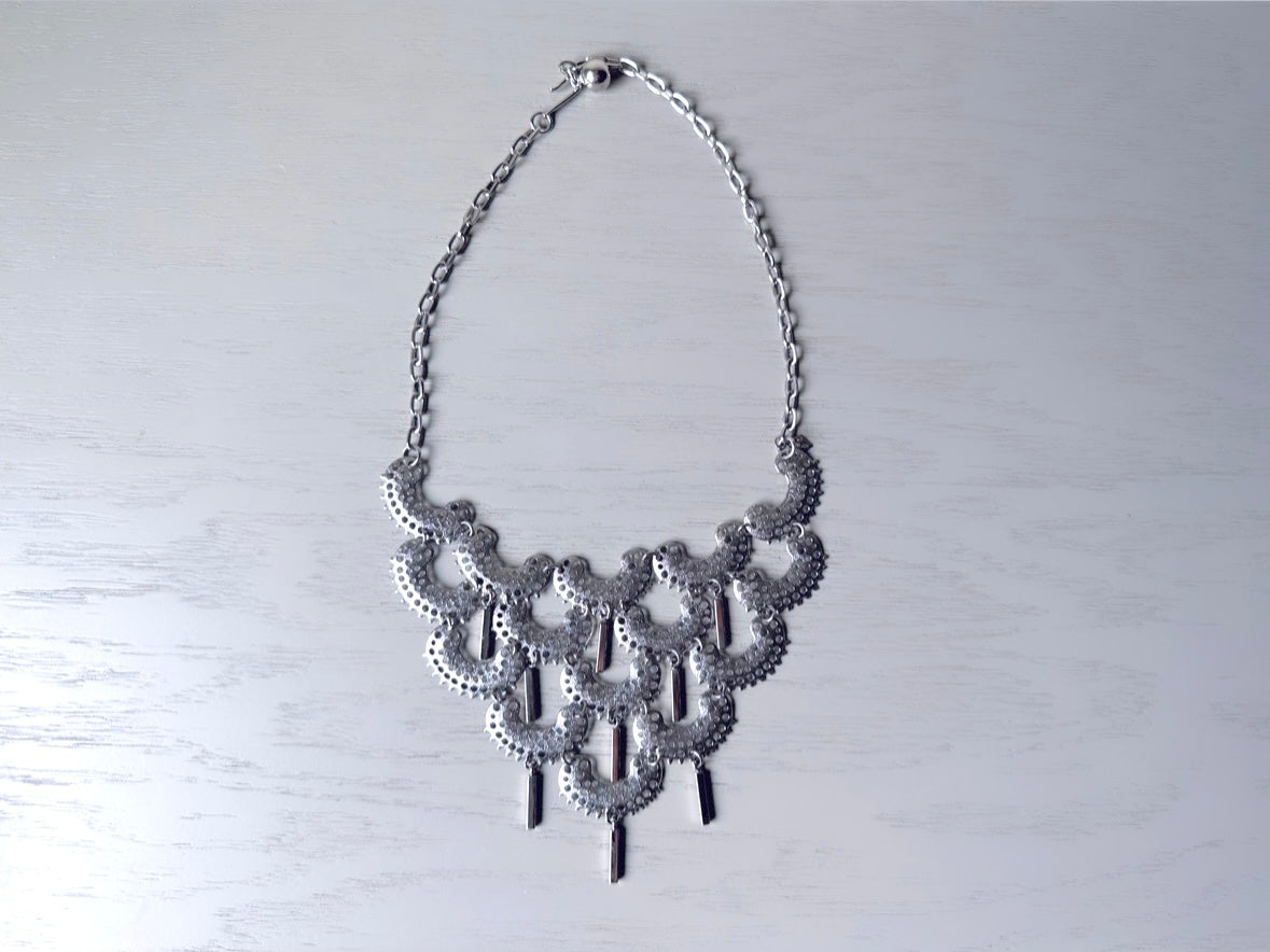 1970s Sarah Coventry Charisma Silver Bib Necklace, Signed Vintage 1973 Cascading Statement Necklace, Half Moon Silver Necklace