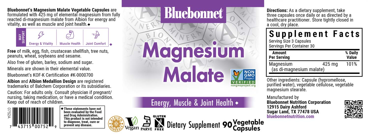 Bluebonnet's Magnesium malate. 90 vegetable capsules. Label.