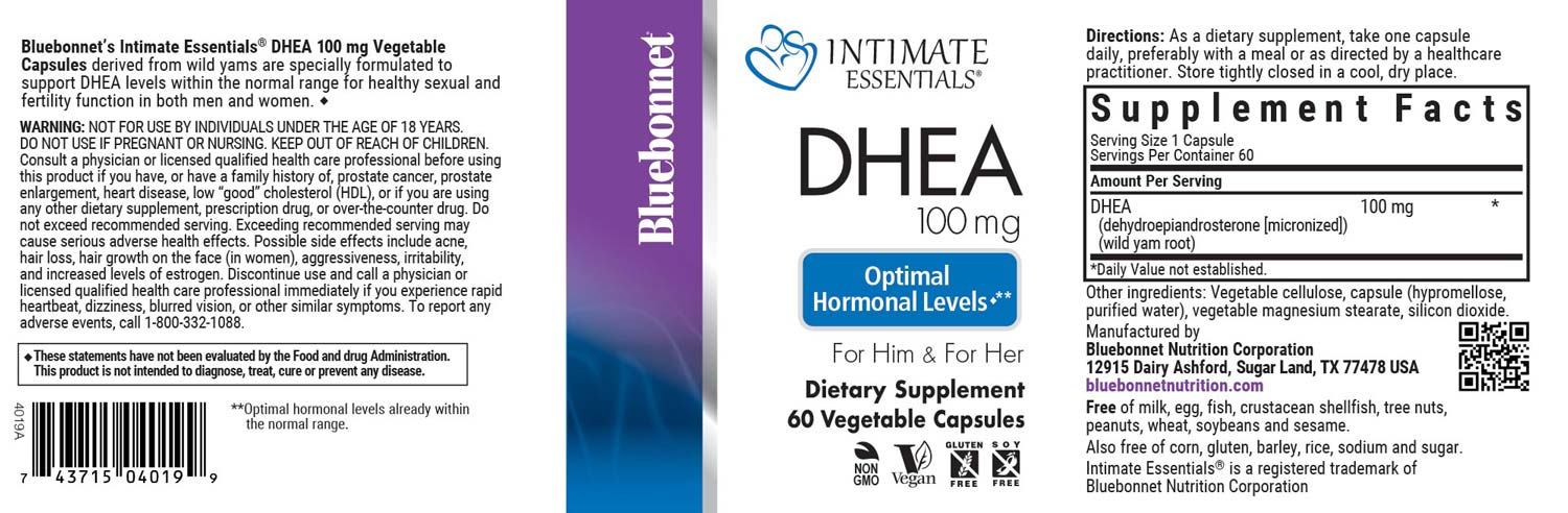 Bluebonnet’s Intimate Essentials® DHEA 100 mg Vegetable Capsules derived from wild yams are specially formulated to support DHEA levels within the normal range for healthy sexual and fertility function in both men and women. #size_60 count