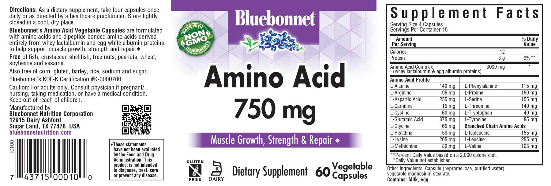 Amino acids 750 mg 60 vegetable capsules SKU010H label