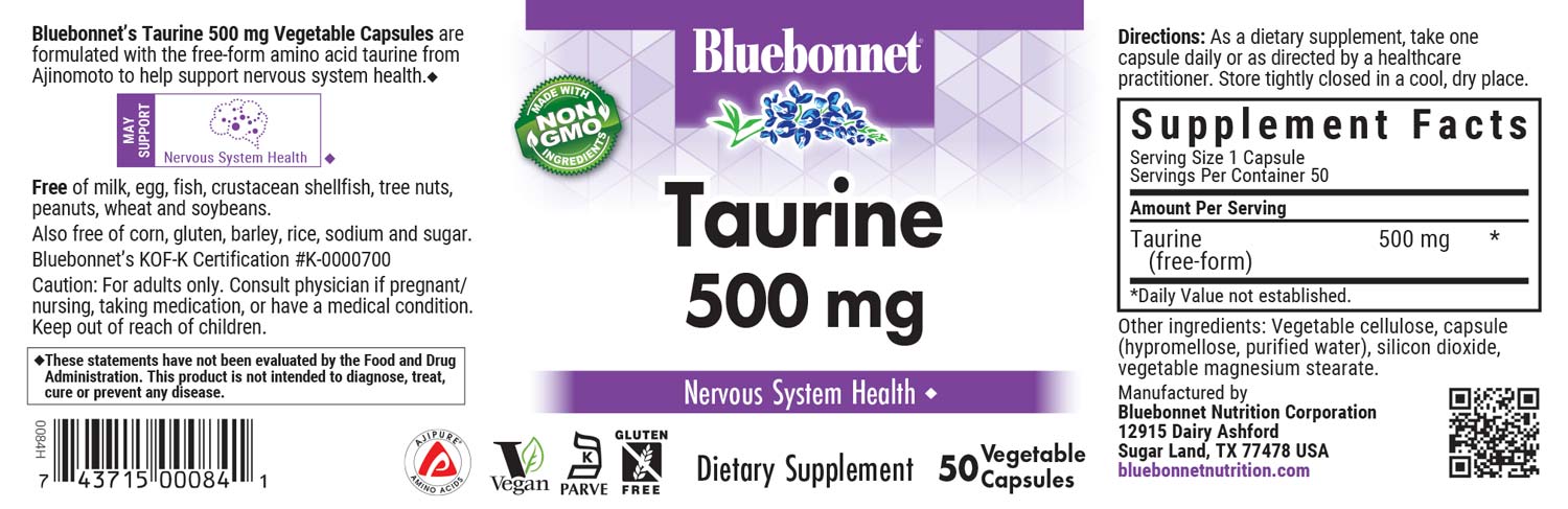 Bluebonnet's Taurine 500 mg. 50 vegetable capsules