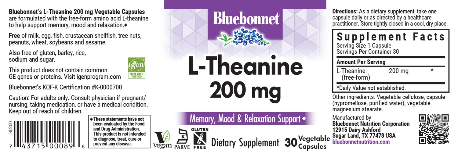 Bluebonnet's L-Theanine 200 mg. 30 vegetable capsules