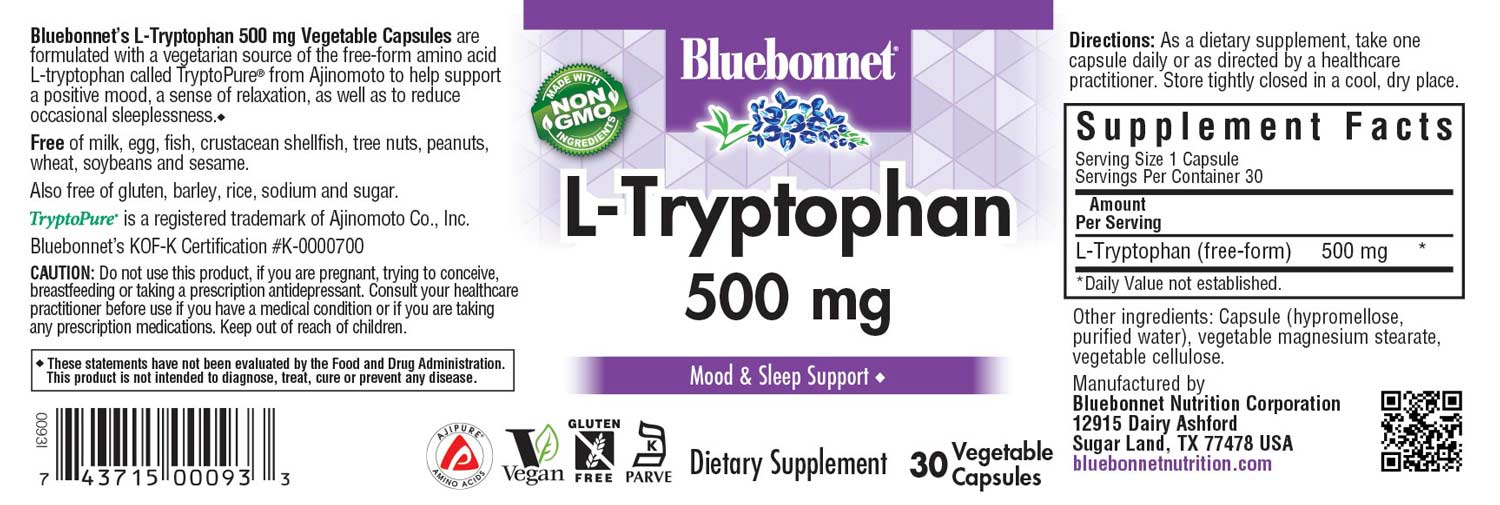 Bluebonnet's L-Tryptophan 500 mg. 30 vegetable capsules