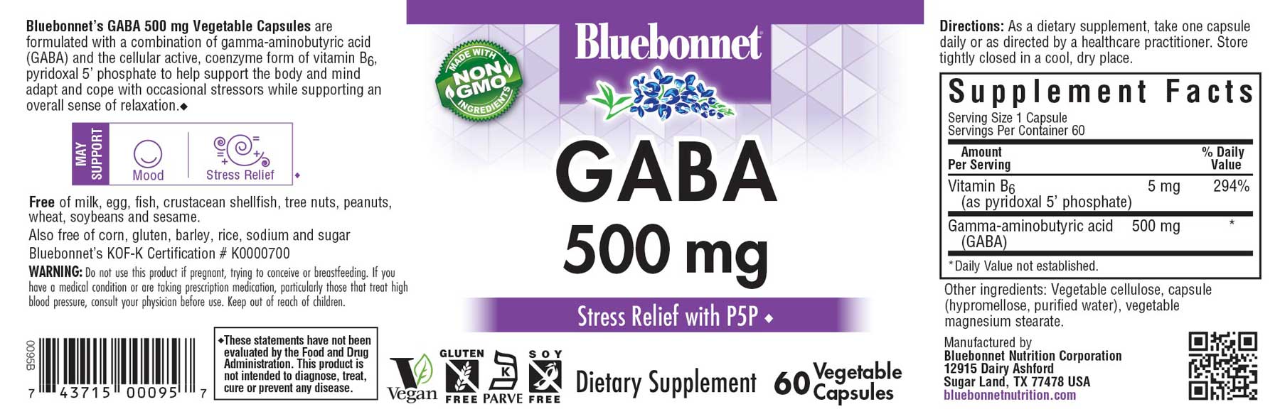 Bluebonnet's GABA 500 mg. 60 vegetable capsules