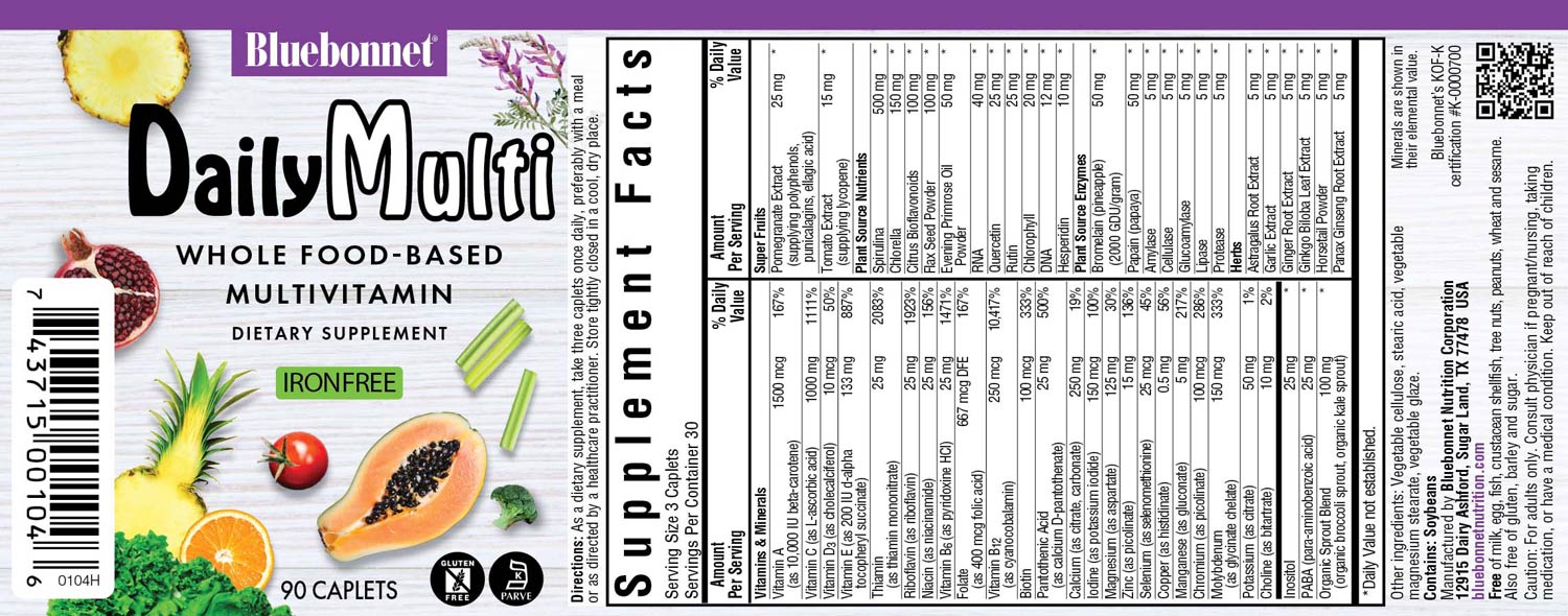 Bluebonnet’s Multinutrient Formula (Iron-Free) caplets. 90 pill count label.