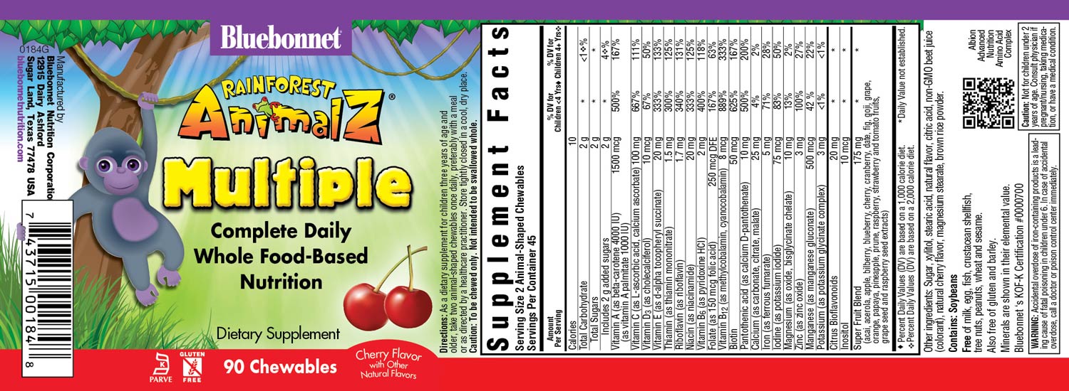 Bluebonnet's Rainforest Animalz Complete Daily Whole Food-Based Nutrition 90 Chewable cherry flavor tablets label 