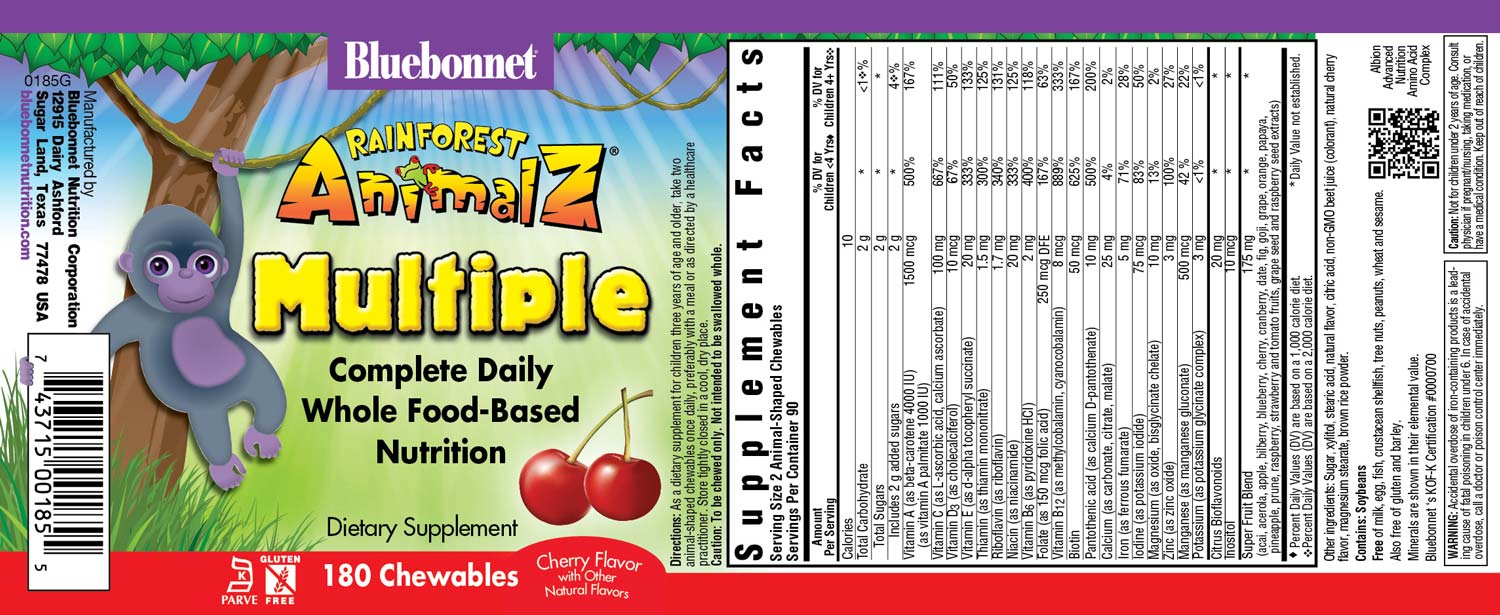 Bluebonnet's Rainforest Animalz Complete Daily Whole Food-Based Nutrition 180 Chewable cherry flavor tablets label 