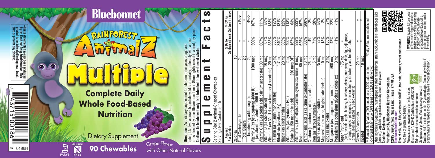 Bluebonnet's Rainforest Animalz Complete Daily Whole Food-Based Nutrition 90 Chewable grape flavor tablets label 