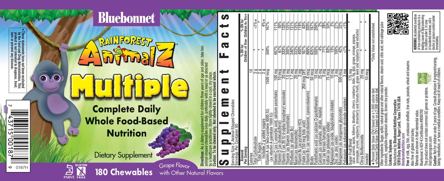 Bluebonnet's Rainforest Animalz Complete Daily Whole Food-Based Nutrition 180 Chewable grape flavor tablets label 