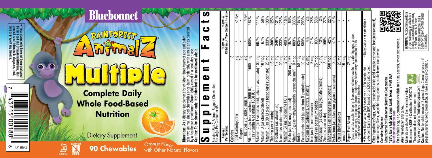 Bluebonnet Rainforest Animalz Whole Food Based Multiple 90 Orange-flavored Animal-Shaped Chewable tablets label