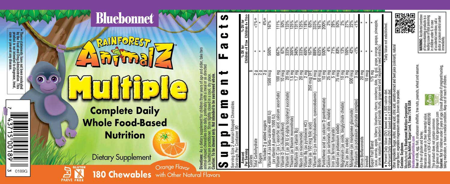 Bluebonnet Rainforest Animalz Whole Food Based Multiple 180 orange-flavored Animal-Shaped Chewable tablets label