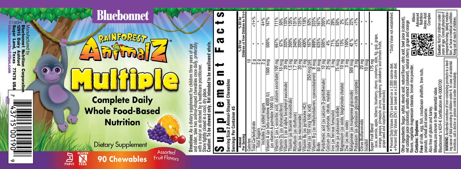 Bluebonnet Rainforest Animalz Whole Food Based Multiple 90 Animal-Shaped Chewable assorted flavor tablets label