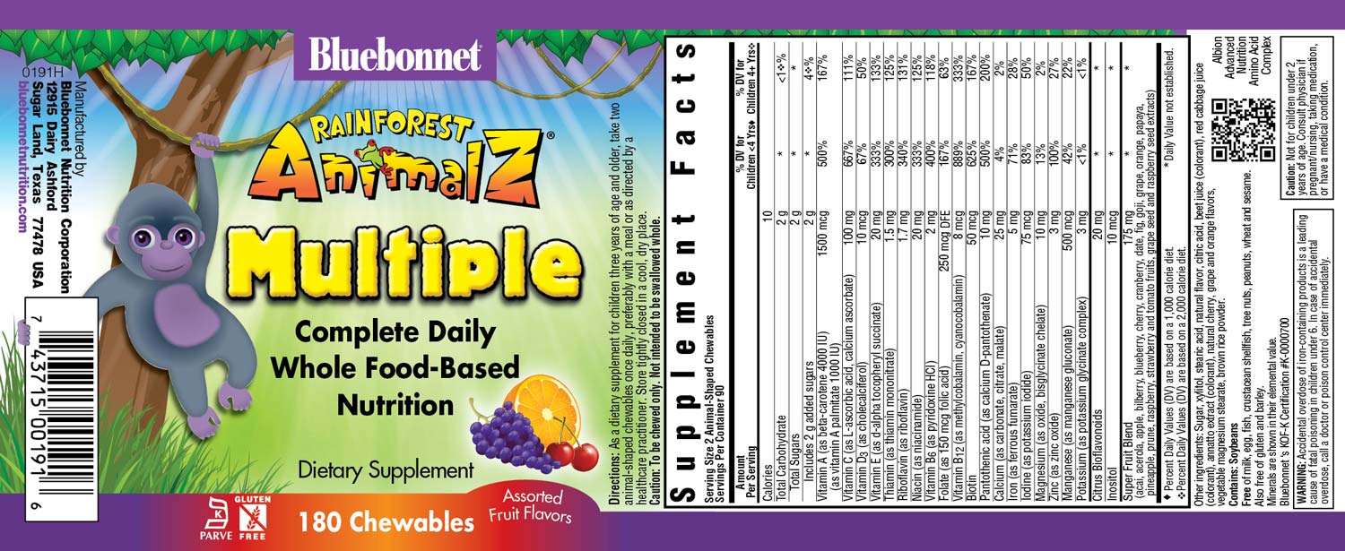 Bluebonnet Rainforest Animalz Whole Food Based Multiple 180 Animal-Shaped Chewable assorted flavor tablets label