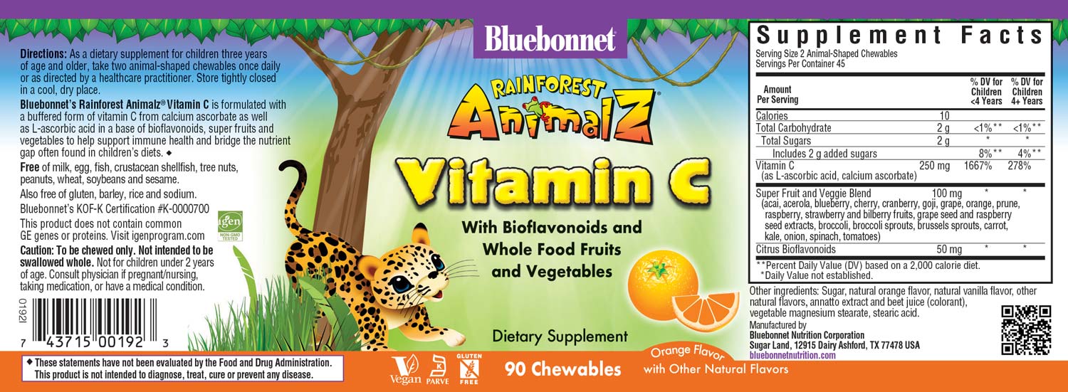 Bluebonnet Rainforest Animalz® Vitamin C helps bridge the nutrient gap often found in children's diets with a buffered form of vitamin C from calcium ascorbate as well as L-ascorbic acid in a base of bioflavonoids, super fruits and vegetables to support immune health. All this in just two yummy animal-shaped chewables per serving. #size_90 count