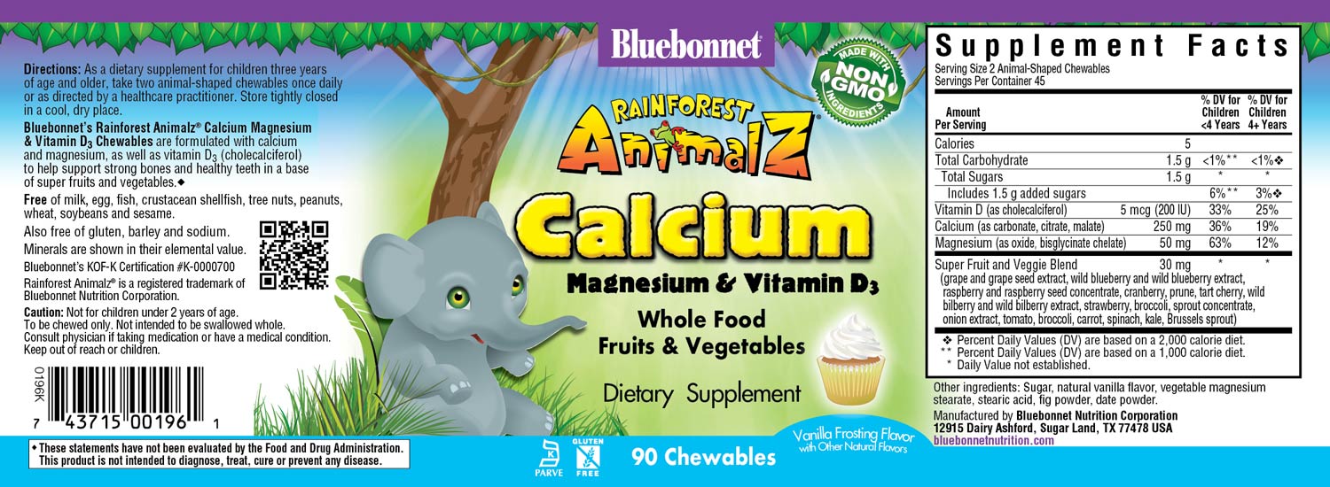 Bluebonnet's Rainforest Animalz® Calcium Magnesium & Vitamin D3 90 chewables helps bridge the nutrient gap often found in children's diets with more absorbable forms of calcium, magnesium, as well as vitamin D3 (cholecalciferol) to help support strong bones and healthy teeth in a base of super fruits and vegetables. All this in just two yummy animal-shaped chewables per serving. #size_90 count
