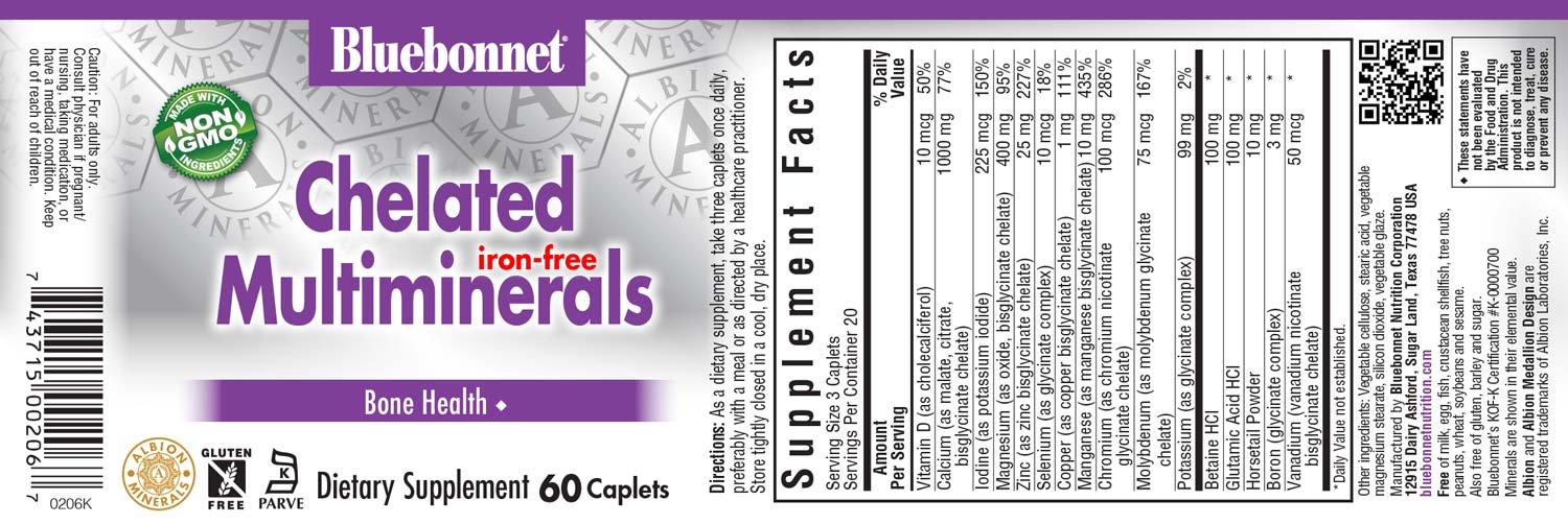 Bluebonnet’s Albion® Chelated Multiminerals Caplets (Iron-Free) are formulated with a fully reacted amino acid chelate multimineral supplement formulated with iron and advanced chelating agents, including: malates, citrates and glycinates. #size_60