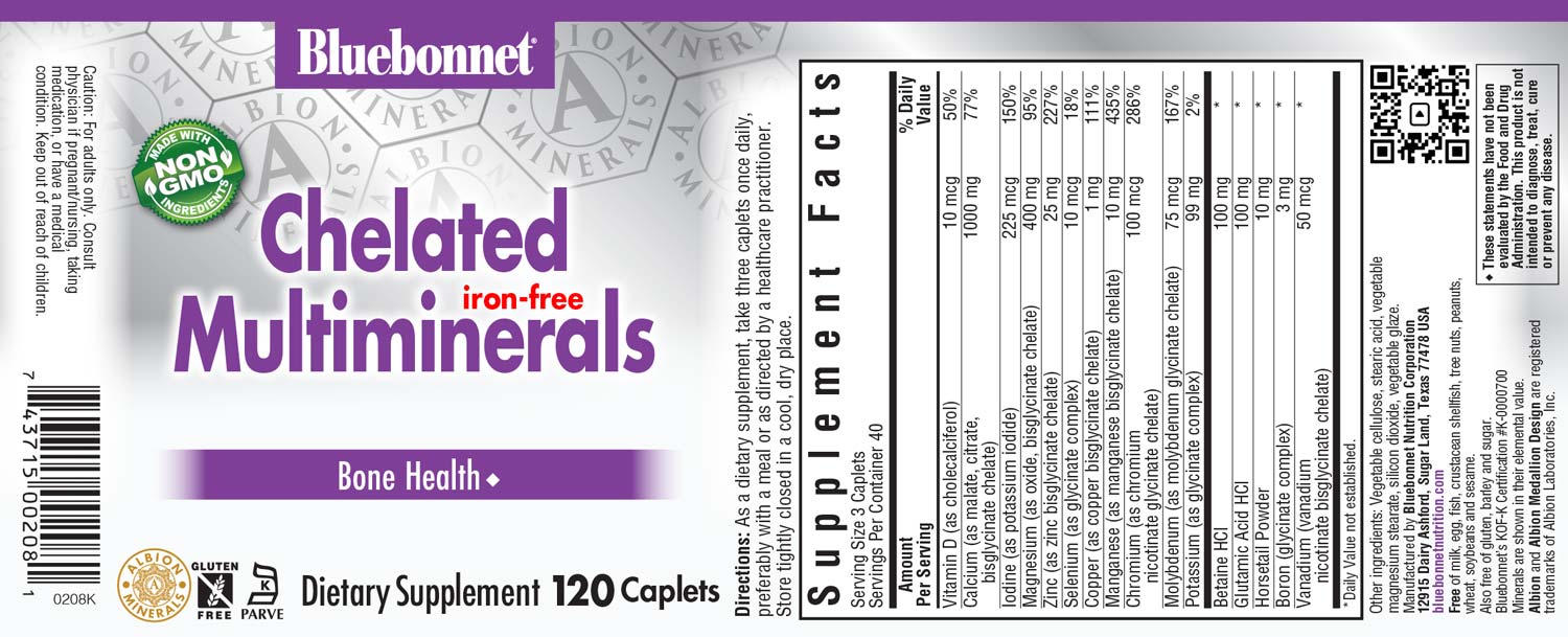 Bluebonnet’s Albion® Chelated Multiminerals Caplets (Iron-Free) are formulated with a fully reacted amino acid chelate multimineral supplement formulated with iron and advanced chelating agents, including: malates, citrates and glycinates. #size_120