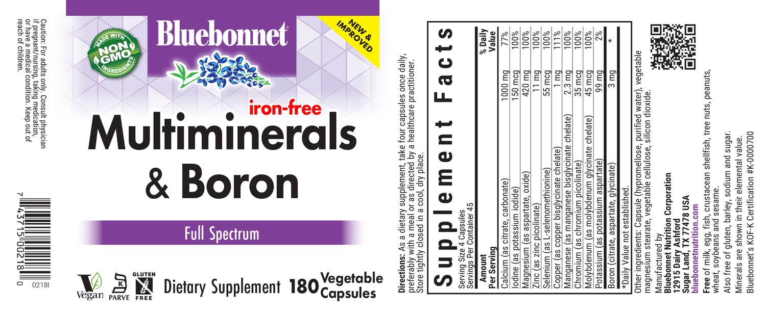 Bluebonnet’s Iron-Free Multiminerals & Boron Vegetable Capsules are formulated with advanced chelating agents, including: aspartates, citrates, picolinates and histidinates