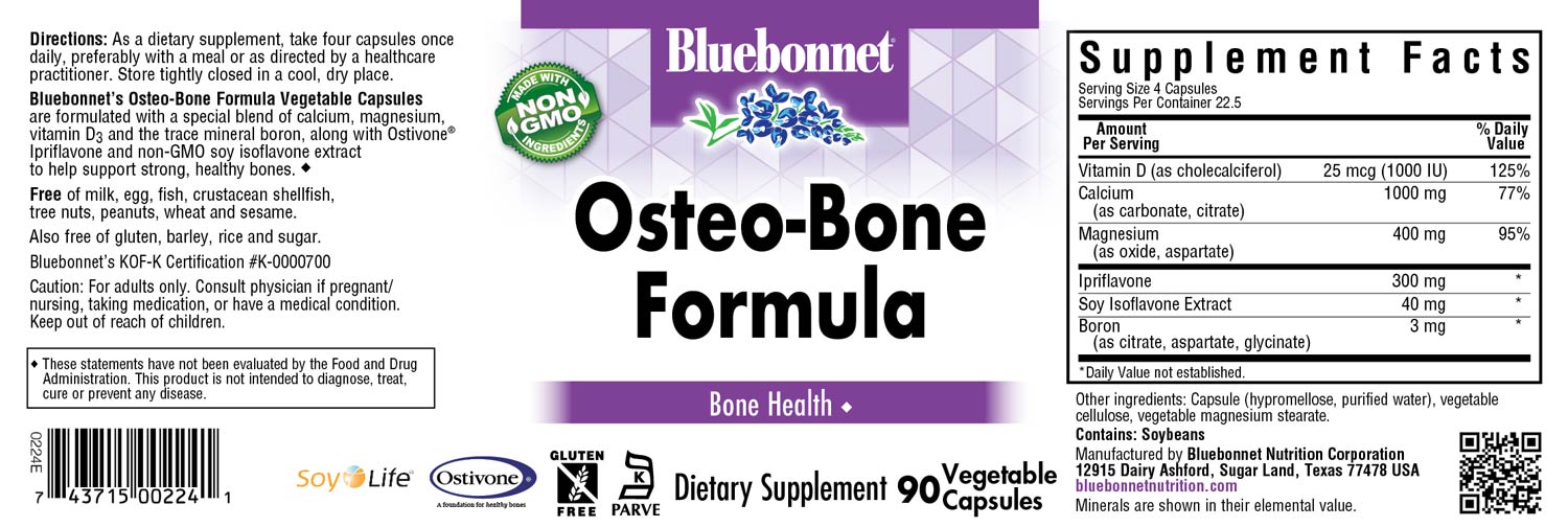 Bluebonnet’s Osteo-Bone Formula Capsules are formulated with a special blend of calcium, magnesium, vitamin D3 and the trace mineral boron. Also formulated with Ostivone° Ipriflavone and non-GMO soy isoflavone extract. Supplying the soy isoflavones Genistein, Genistin, Daidzein, Daidzin, Glycitein and Glycitin.