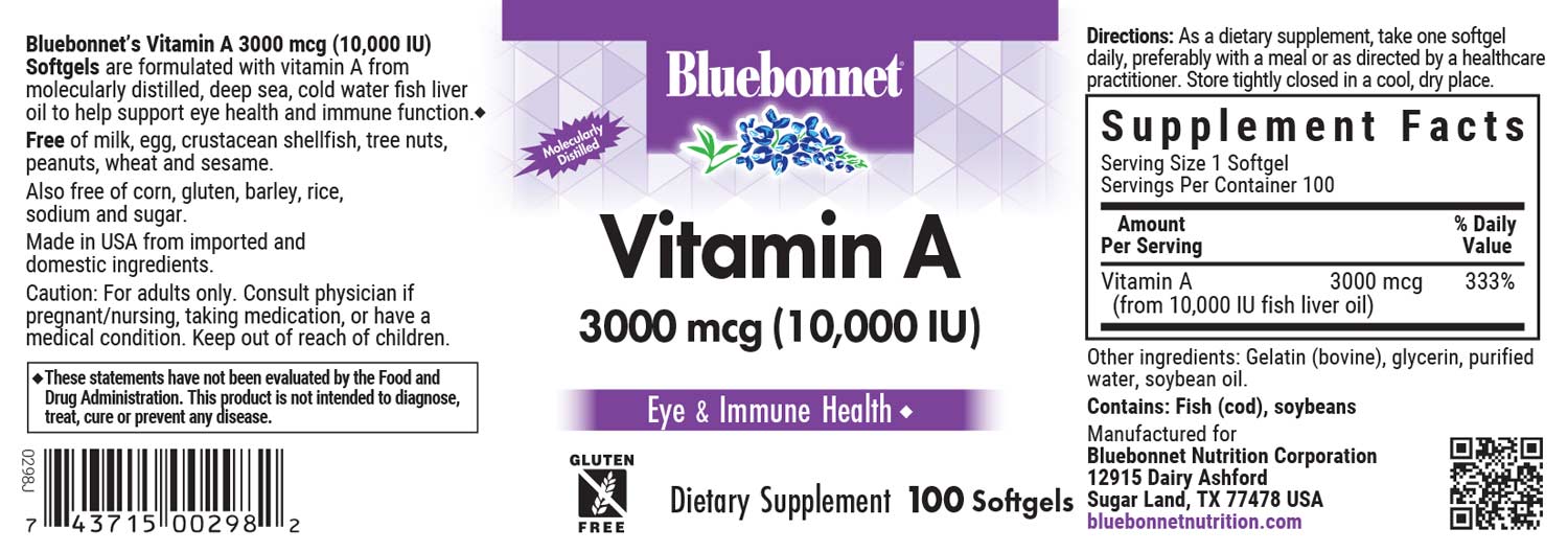 Bluebonnet’s Vitamin A 3000 mcg (10,000 IU) 100 Softgels are formulated with vitamin A that supports eye health and immune function, and is derived from deep sea, cold water, fish liver oil and are molecularly distilled.