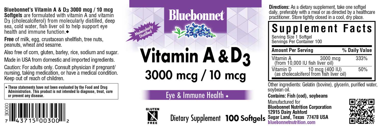 Bluebonnet’s Vitamin A & D3 Softgels are formulated with vitamin A and vitamin D3 (cholecalciferol) that supports eye health and immune function from deep sea, cold water, fish liver oil and are molecularly distilled.