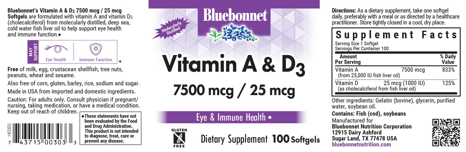 Bluebonnet’s Vitamin A & D3 Softgels are formulated with vitamin A and vitamin D3 (cholecalciferol) that supports eye health and immune function from deep sea, cold water, fish liver oil and are molecularly distilled.