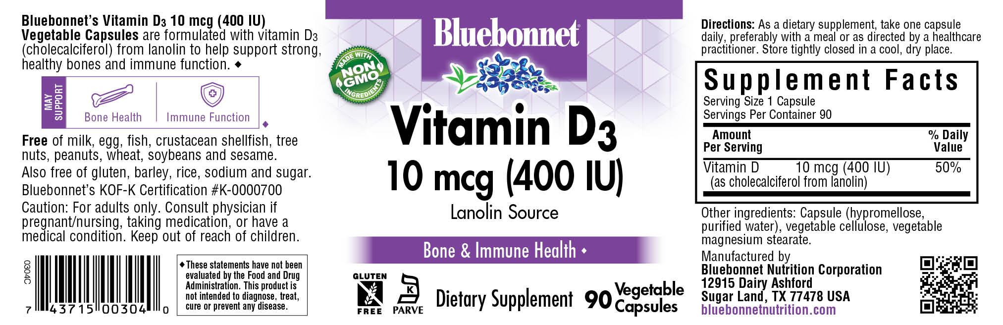 Bluebonnet’s Vitamin D3 400 IU Vegetable Capsules provide vitamin D3 (cholecalciferol) from lanolin.. #size_90 count