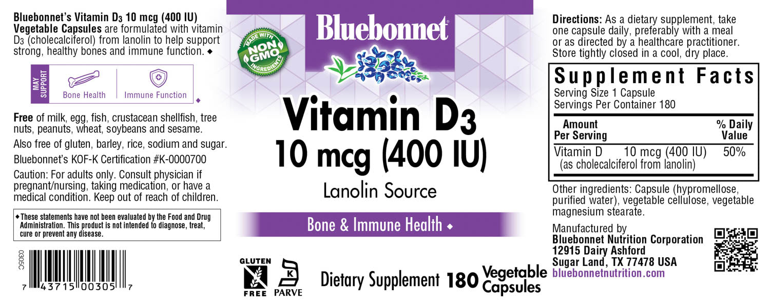 Bluebonnet’s Vitamin D3 400 IU Vegetable Capsules provide vitamin D3 (cholecalciferol) from lanolin.. #size_90 count