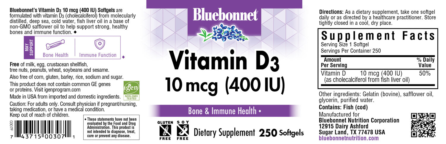 Bluebonnet’s Vitamin D3 400 IU 250 Softgels are formulated with vitamin D3 (cholecalciferol) from molecularly distilled, deep sea, cold water, fish liver oil in a base of non-GMO safflower oilsize_250 . #count