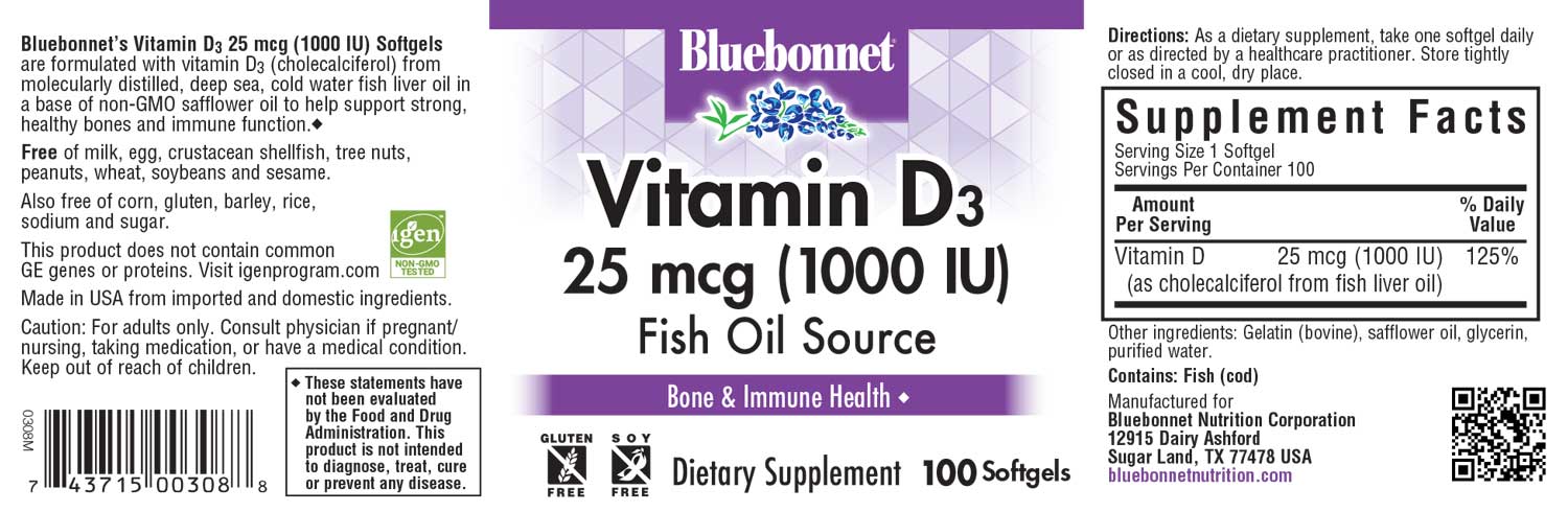 Bluebonnet’s Vitamin D3 1000 IU (25 mcg) 100 Softgels label