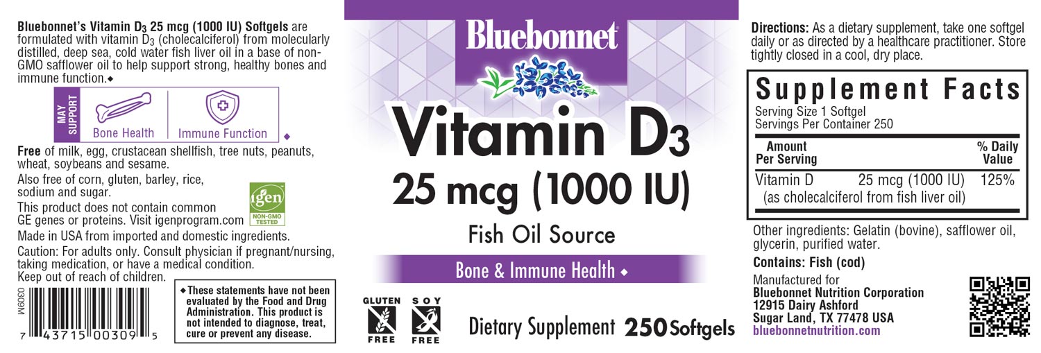 Bluebonnet’s Vitamin D3 1000 IU (25 mcg) 250 Softgels label” width=