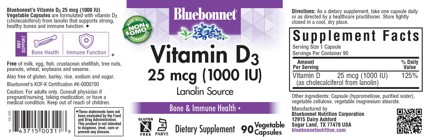 Bluebonnet’s Vitamin D3 1000 IU (25 mcg) Vegetable Capsules are formulated with vitamin D3 (cholecalciferol) from lanolin that supports strong healthy bones and immune function. #size_90 count