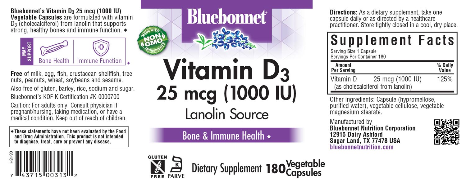 Bluebonnet’s Vitamin D3 1000 IU (25 mcg) Vegetable Capsules are formulated with vitamin D3 (cholecalciferol) from lanolin that supports strong healthy bones and immune function. #size_180 count