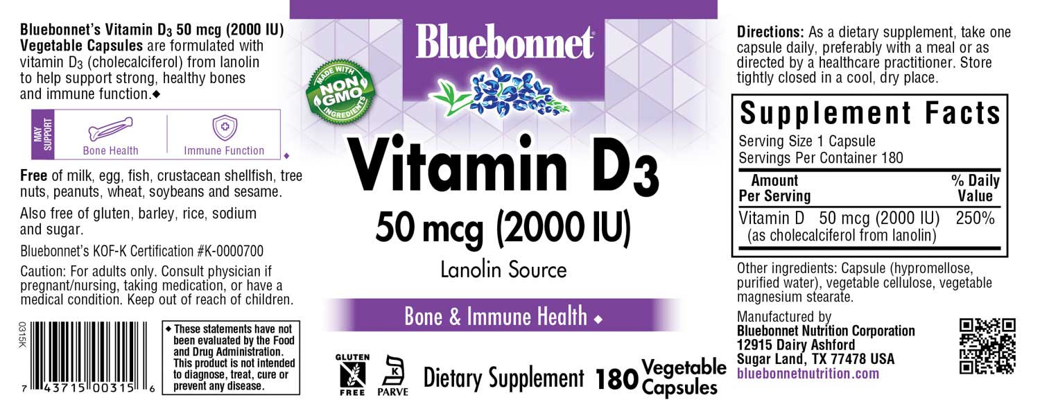 Bluebonnet’s Vitamin D3 2000 IU (50 mcg) Vegetable Capsules are formulated with vitamin D3 (cholecalciferol) from lanolin that supports strong healthy bones and immune function. #size_180 count