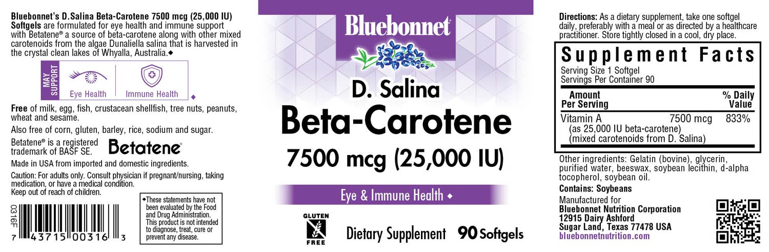Bluebonnet’s D. Salina Beta-Carotene 25,000 IU (3750 mcg) Softgels are formulated for eye health and immune support with Betatene, a source of beta-carotene along with other mixed carotenoids including alpha-carotene, zeaxanthin, lutein and cryptoxanthin from the algae Dunaliella salina harvested in the crystal clean lakes of Whyalla, Australia