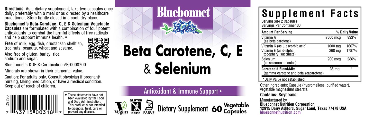 Bluebonnet’s Beta-Carotene, C, E and Selenium 120 Vegetable Capsules are specially formulated with a combination of four potent antioxidants: beta-carotene that provides mixed provitamin A carotenoids (gamma carotene and beta-zeacarotene), vitamin C from L-ascorbic acid, d-alpha vitamin E and yeast-free selenomethionine. #size_60 count