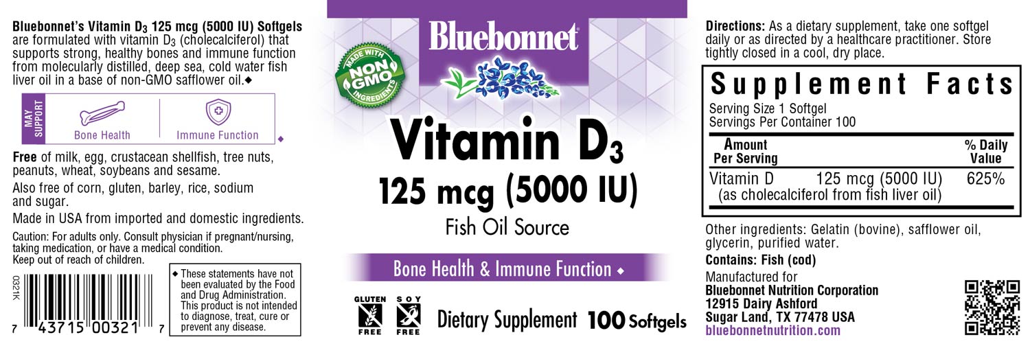 Bluebonnet’s Vitamin D3 5000 IU (125 mcg) 250 Softgels are formulated with vitamin D3 (cholecalciferol) that supports strong healthy bones and immune function from molecularly distilled, deep sea, cold water, fish liver oil in a base of non-GMO safflower oil. #size_100 count