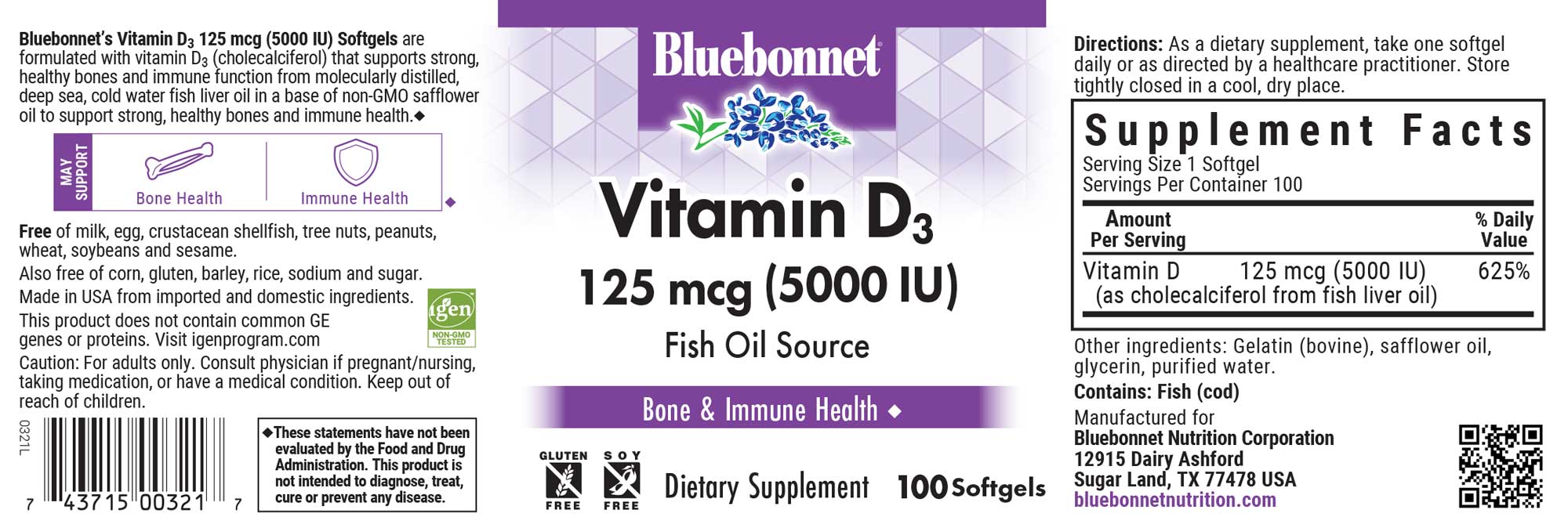 Bluebonnet’s Vitamin D3 5000 IU (125 mcg) 250 Softgels are formulated with vitamin D3 (cholecalciferol) that supports strong healthy bones and immune function from molecularly distilled, deep sea, cold water, fish liver oil in a base of non-GMO safflower oil. #size_100 count