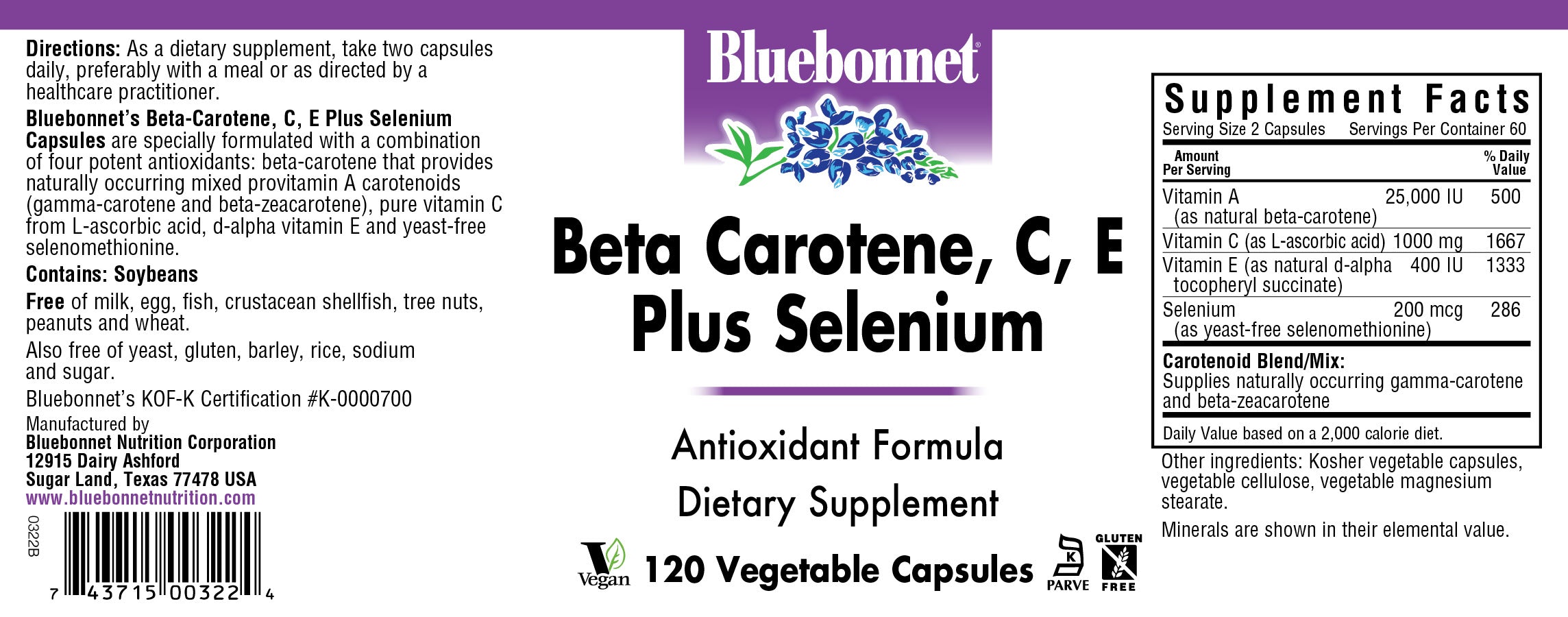 Bluebonnet’s Beta-Carotene, C, E and Selenium 120 Vegetable Capsules are specially formulated with a combination of four potent antioxidants: beta-carotene that provides mixed provitamin A carotenoids (gamma carotene and beta-zeacarotene), vitamin C from L-ascorbic acid, d-alpha vitamin E and yeast-free selenomethionine. #size_120 count