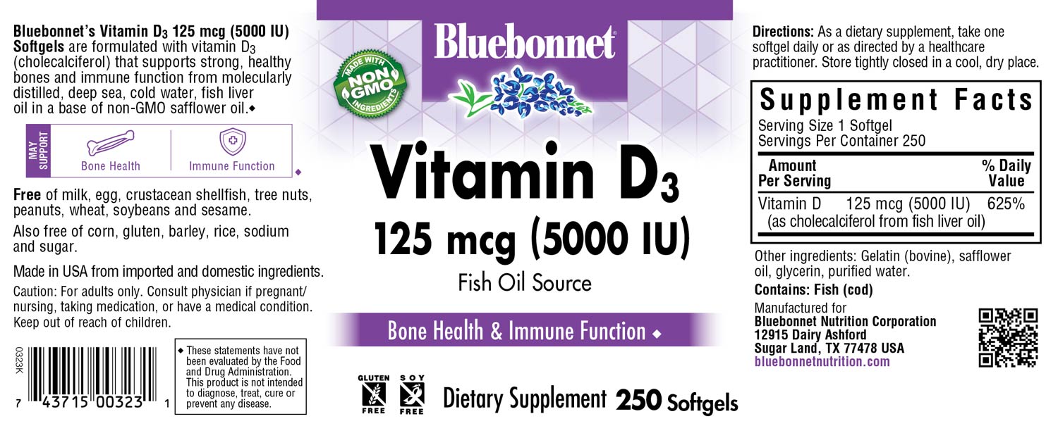 Bluebonnet’s Vitamin D3 5000 IU (125 mcg) 250 Softgels are formulated with vitamin D3 (cholecalciferol) that supports strong healthy bones and immune function from molecularly distilled, deep sea, cold water, fish liver oil in a base of non-GMO safflower oil. #size_250 count