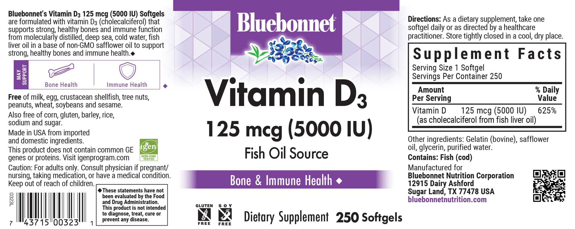 Bluebonnet’s Vitamin D3 5000 IU (125 mcg) 250 Softgels are formulated with vitamin D3 (cholecalciferol) that supports strong healthy bones and immune function from molecularly distilled, deep sea, cold water, fish liver oil in a base of non-GMO safflower oil. #size_250 count