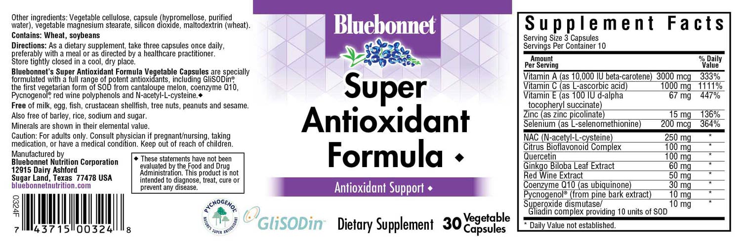 Bluebonnet’s Super Antioxidant Formula 60 Vegetable Capsules are specially formulated with a full range of potent antioxidants, including GliSODin®, the first vegetarian form of SOD from cantaloupe melon, and coenzyme Q10, Pycnogenol®, red wine polyphenols and N-acetyl-L-cysteine. #size_30 count