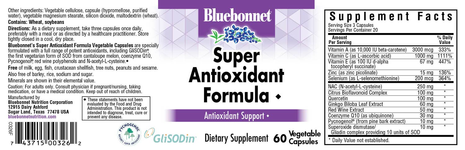 Bluebonnet’s Super Antioxidant Formula 60 Vegetable Capsules are specially formulated with a full range of potent antioxidants, including GliSODin®, the first vegetarian form of SOD from cantaloupe melon, and coenzyme Q10, Pycnogenol®, red wine polyphenols and N-acetyl-L-cysteine. #size_60 count