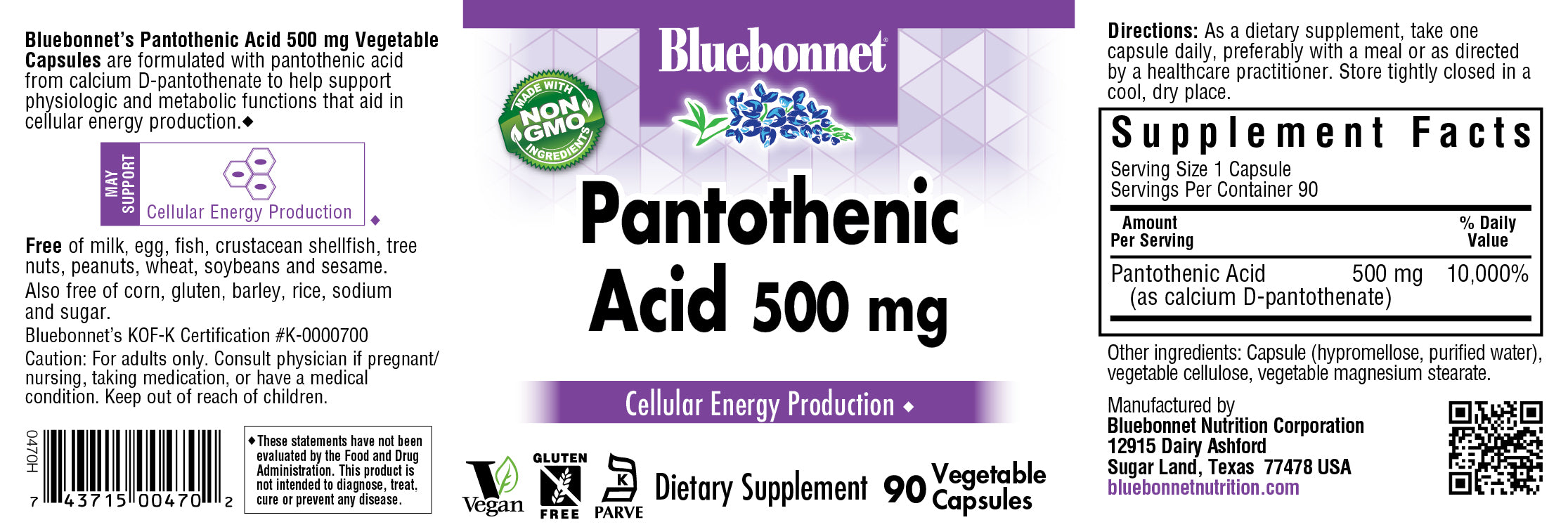 Bluebonnet’s Pantothenic Acid 500 mg Capsules are formulated with pantothenic acid from calcium D-pantothenate. Tested for potency and purity in our own state-of-the-art laboratory. Pantothenic acid may support cellular energy production. #size_90 count