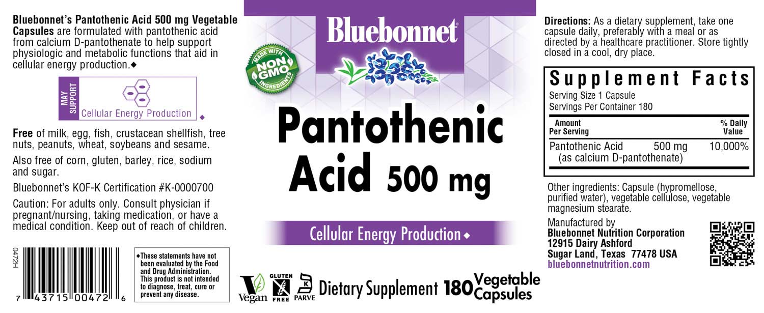 Bluebonnet’s Pantothenic Acid 500 mg Capsules are formulated with pantothenic acid from calcium D-pantothenate. Tested for potency and purity in our own state-of-the-art laboratory. Pantothenic acid may support cellular energy production. #size_180 count