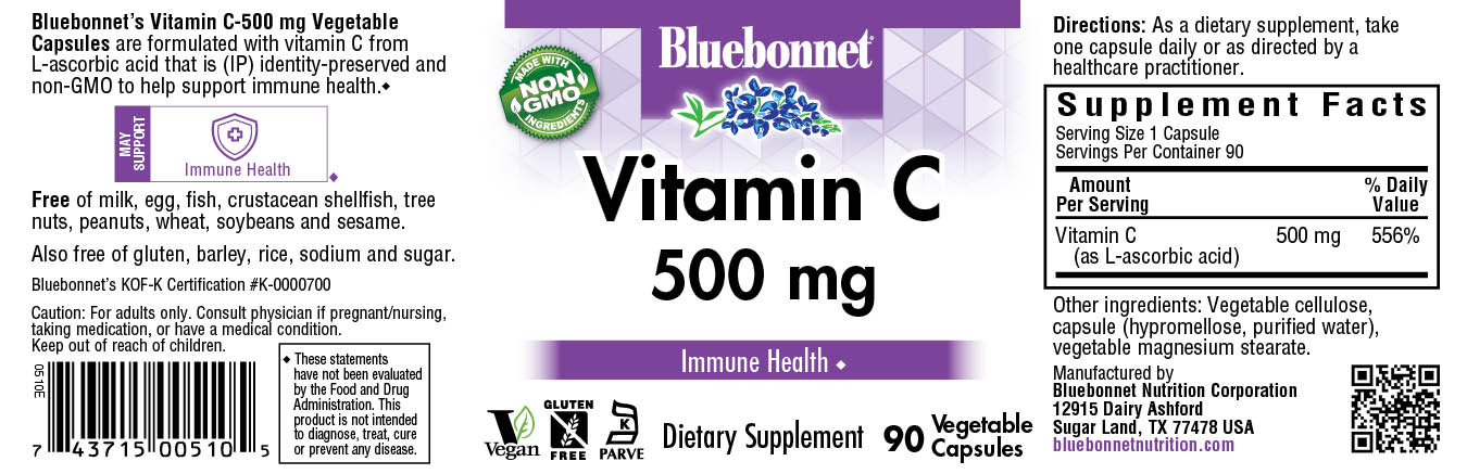 Bluebonnet Nutrition's VITAMIN C 500 mg of identity-preserved (IP) Vitamin C #size_90 count