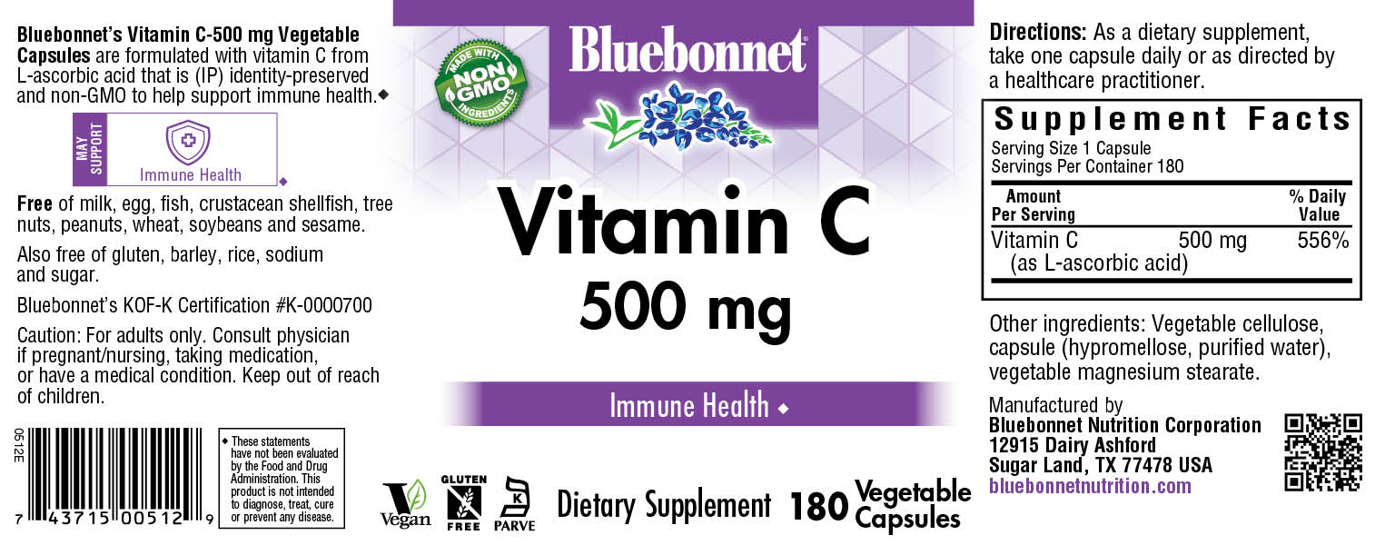 Bluebonnet Nutrition's VITAMIN C 500 mg of identity-preserved (IP) Vitamin C #size_180 count