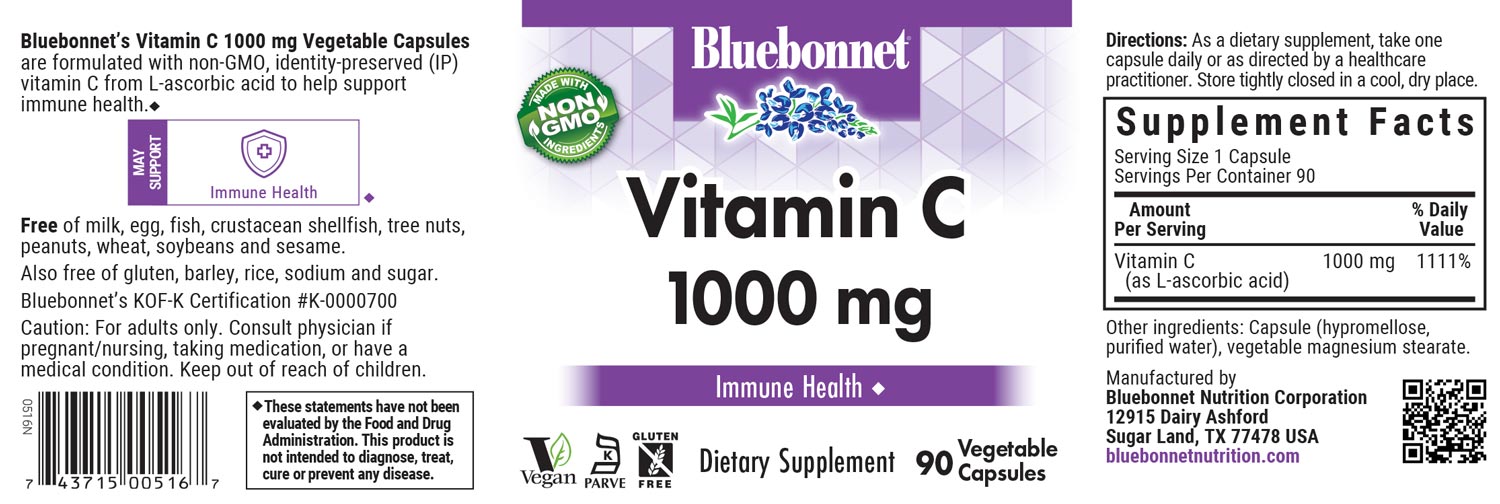 Bluebonnet Nutrition's Vitamin C-1000 mg Capsules are formulated with non-GMO, identity-preserved (IP) vitamin C from L-ascorbic acid to help support immune function. #size_90 count